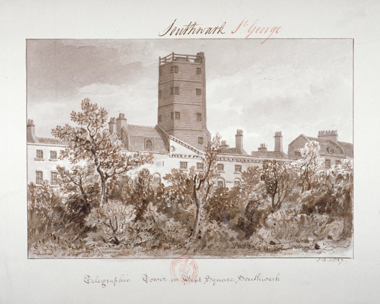 Vista della Torre Telegrafica in West Square, Southwark, Londra da John Chessell Buckler
