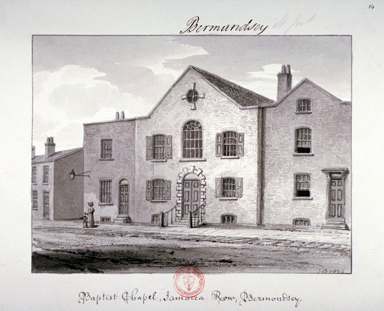 Veduta della Cappella Battista su Jamaica Row, Bermondsey, Londra, 1826 da John Chessell Buckler