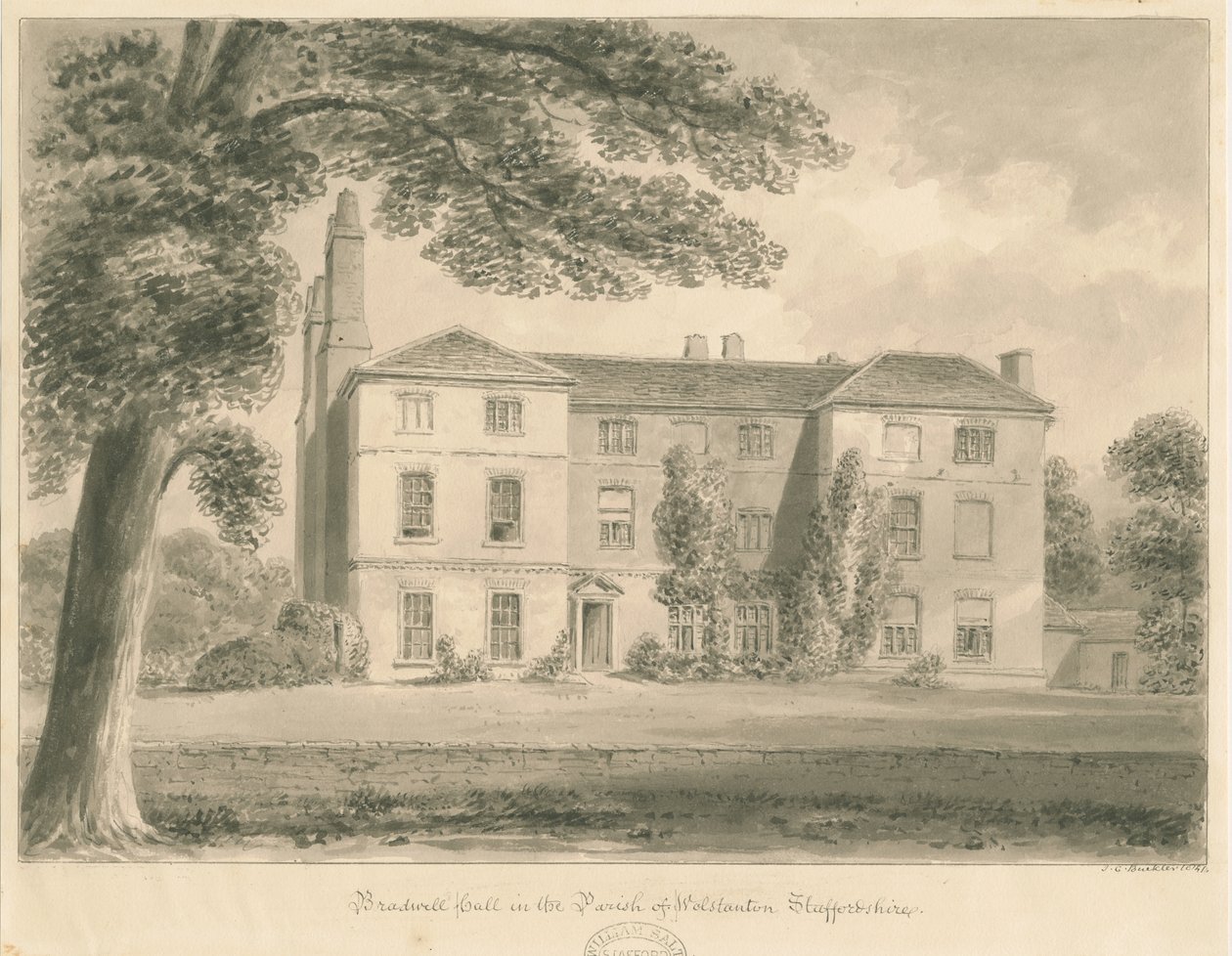 Wolstanton - Bradwell Hall: disegno a seppia da John Chessell Buckler