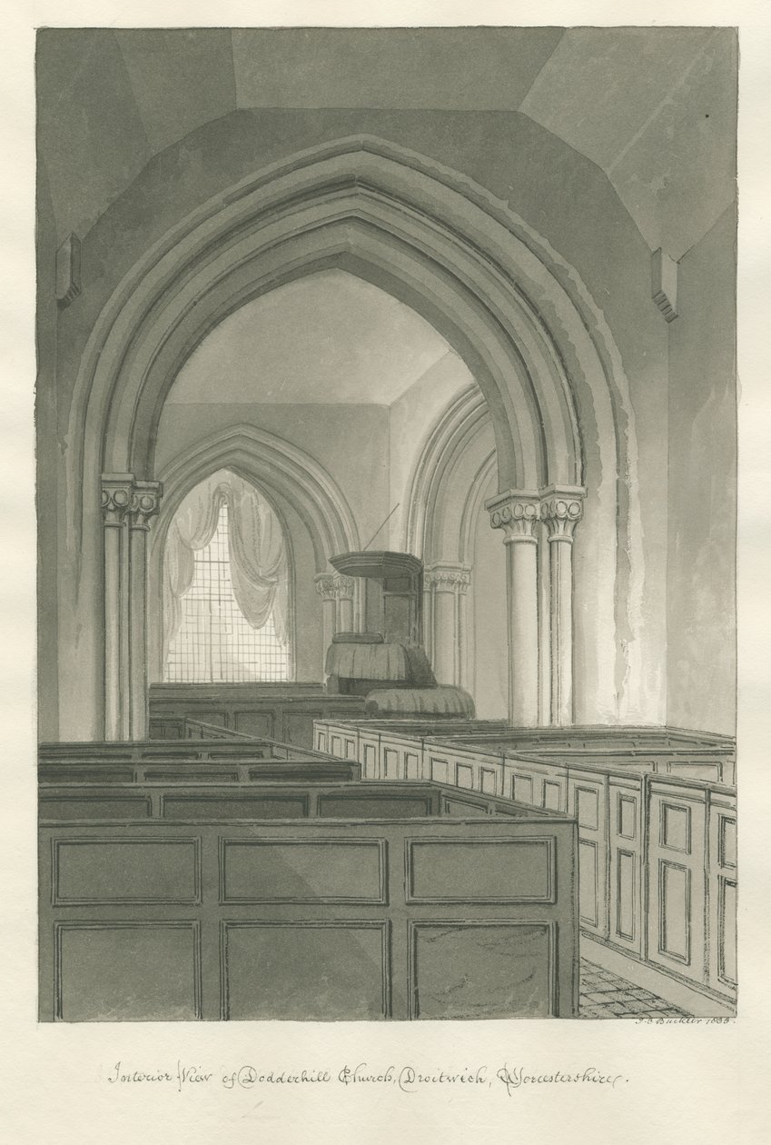 Worcestershire - Droitwich - Interno della Chiesa di Dodderhill: disegno a seppia da John Chessell Buckler