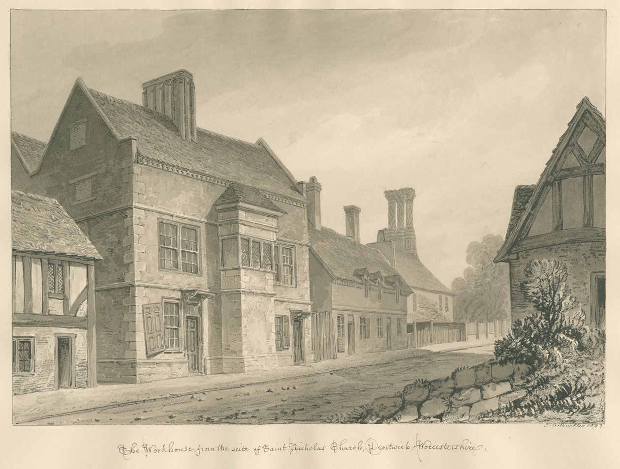 Worcestershire - Droitwich - Ospizio (disegno a seppia) da John Chessell Buckler
