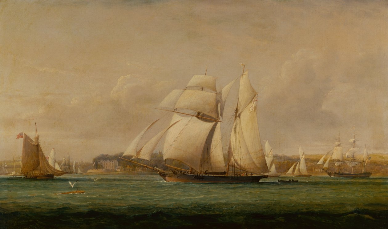 Un brigantino a vela, due cutter del Royal Yacht Squadron e una nave mercantile americana da John Christian Schetky