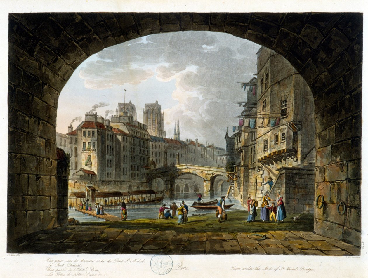 Parigi: Pont de Chatelet e Hotel Dieu - in "Paris vu par J.C. Matttes", ed. Miller, Londra da John Claude Nattes