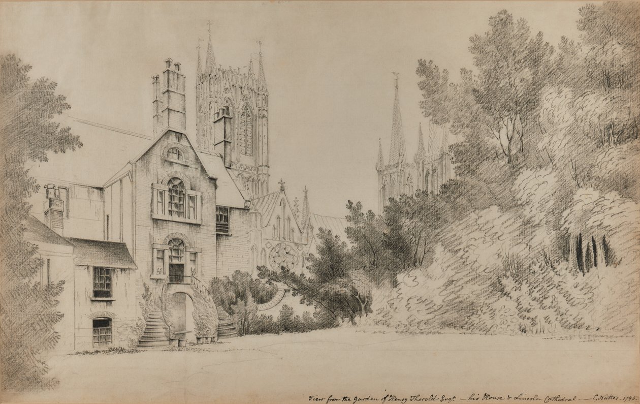 Vista dal giardino di Henry Thorold, Esq., la sua casa e la Cattedrale di Lincoln da John Claude Nattes