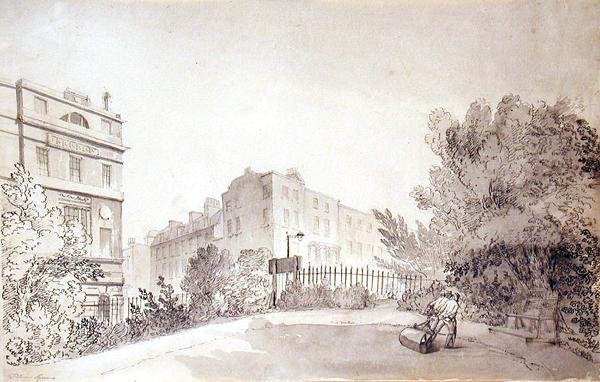 Veduta di Fitzroy Square con Due Figure che Tirano un Rullo da Giardino, c.1808 da John Claude Nattes