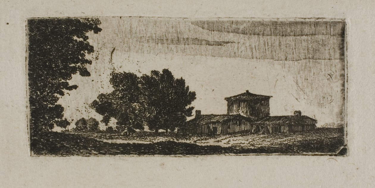 Alberi e edifici con torre bassa da John Clerk of Eldin