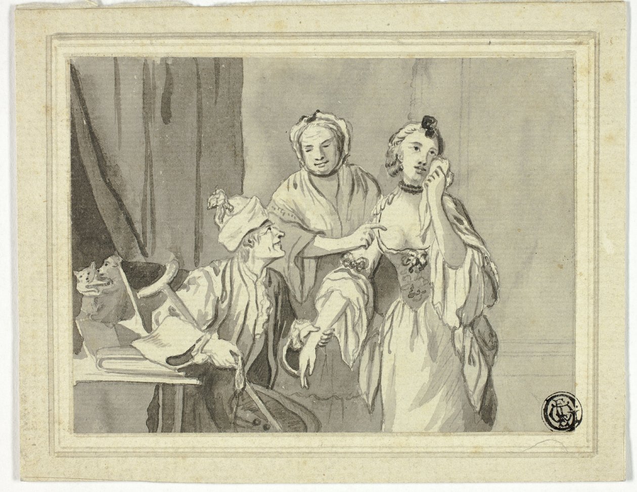 Illustrazione letteraria: Un uomo anziano trattiene una giovane donna accompagnata da una donna più anziana da John Collet