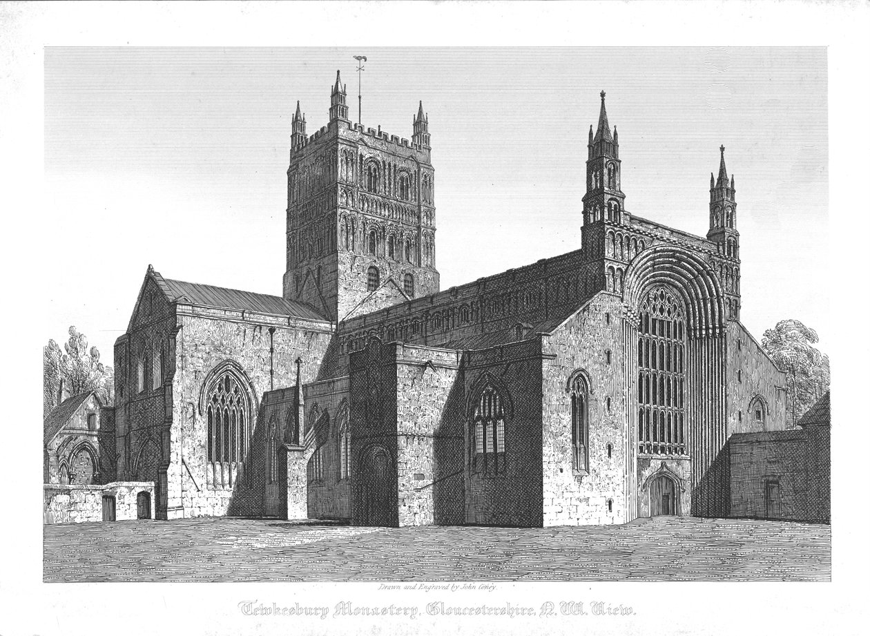 Monastero di Tewkesbury, Gloucestershire, vista N. O., inizio XIX secolo da John Coney
