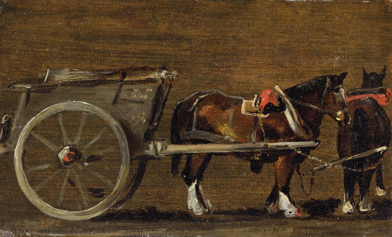 Un carro agricolo con due cavalli in imbracatura: uno studio per il carro in 