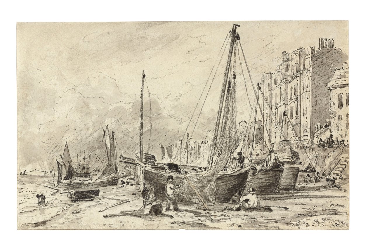 Barche da pesca arenate con pescatori che riparano le reti sulla spiaggia a Brighton, guardando a ovest, c.1824-28 da John Constable
