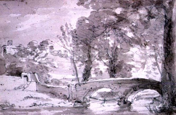 Ponte con alberi e edifici, a Haddon da John Constable