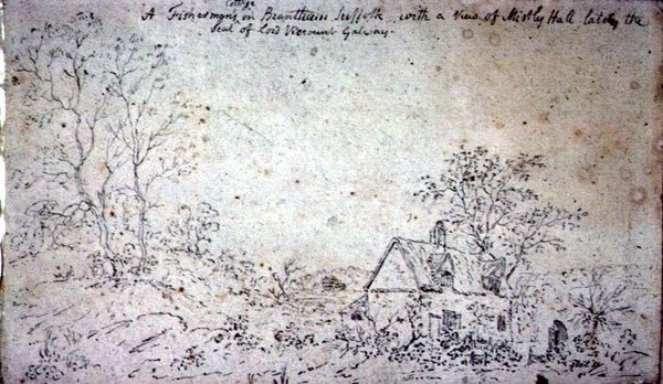 Cottage a Brantham, con vista su Mistley Hall da John Constable