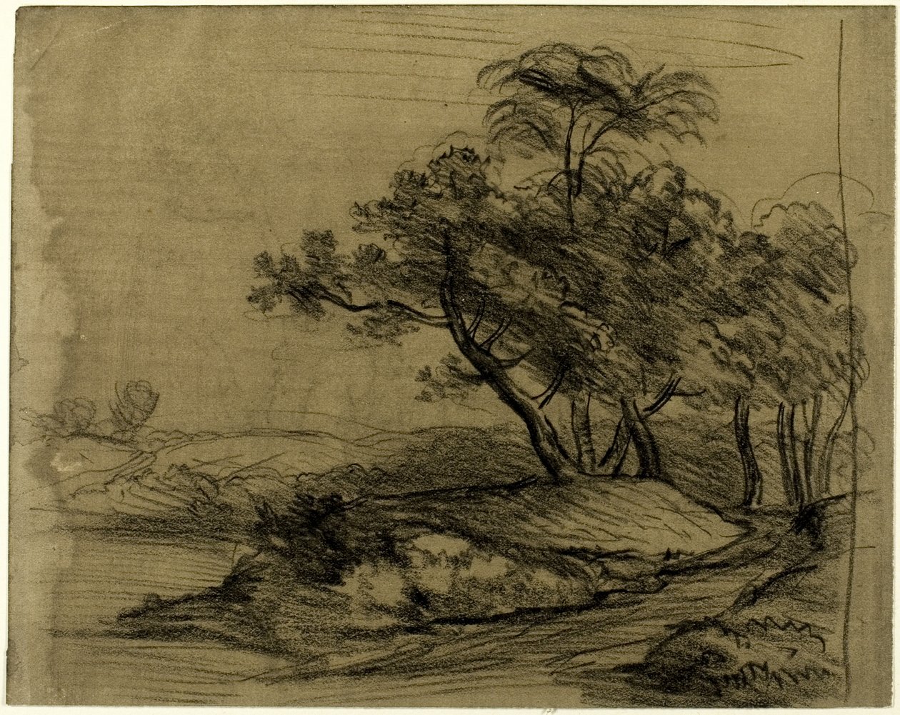 Riva del fiume con alberi (recto); mandria di bovini sotto gli alberi, con schizzo del paesaggio (verso) da John Constable