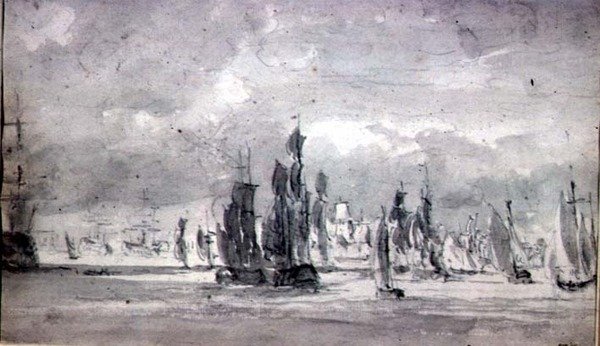 Navi sotto un cielo nuvoloso nel Tamigi da John Constable