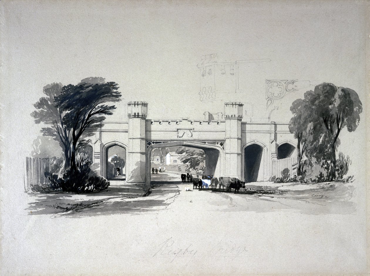 Ponti ferroviari di Rugby visti dalla strada, Warwickshire, aprile 1839 da John Cooke Bourne