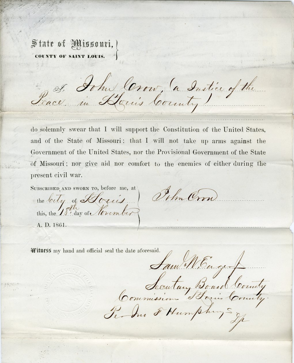 Giuramento di fedeltà di John Crow del Missouri, Contea di St. Louis da John Crow