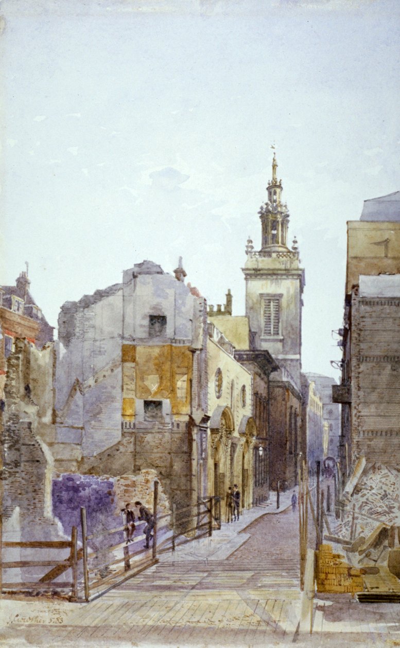 College Hill e la Chiesa di St Michael Paternoster Royal, Città di Londra, 1883 da John Crowther