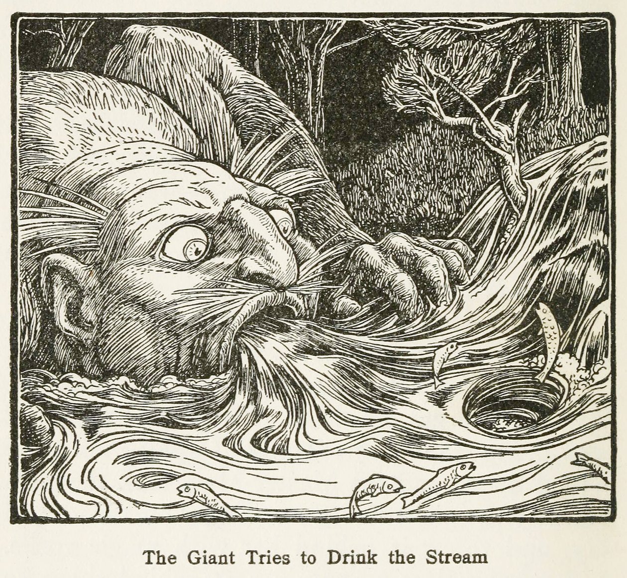 Il gigante cerca di bere dal ruscello, da Il libro delle fiabe di Europa, pub. 1916 (incisione) da John Dickson Batten