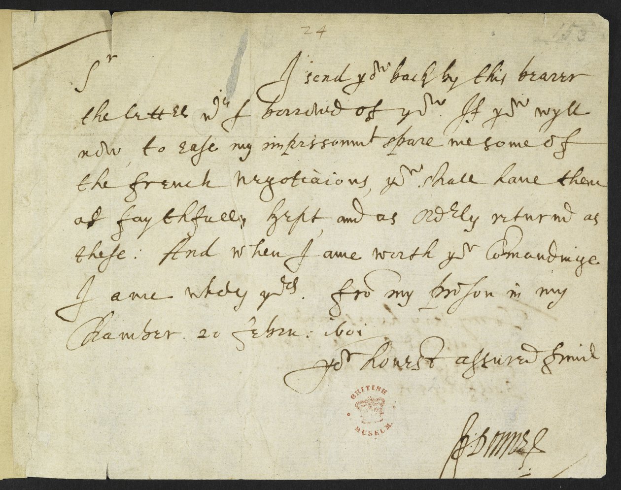 Lettera autografa di John Donne a Sir Robert Cotton, scritta dalla prigione, 20 febbraio 1601 da John Donne