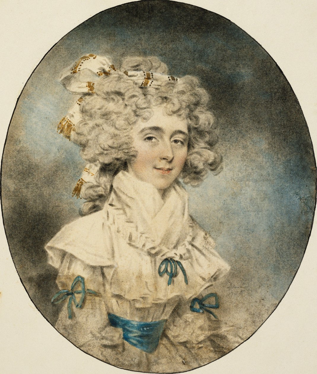 Ritratto della signora Fisher, a mezzo busto, con un vestito bianco adornato con nastri blu, 1788 da John Dowman