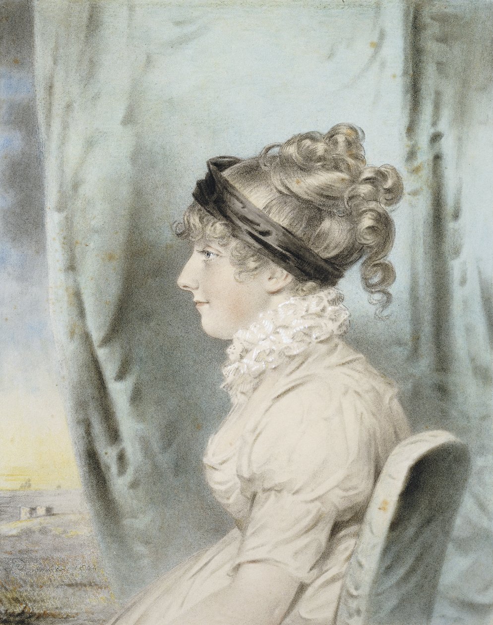 Ritratto di una Signora, Identificata come Eliza Were Holdsworth, Seduta, Mezzo Busto, di Profilo a Sinistra, in un Vestito Bianco e con una Fascia Nera nei Capelli, Accanto a una Tenda, con una Vista Costiera Oltre, 1804 da John Dowman