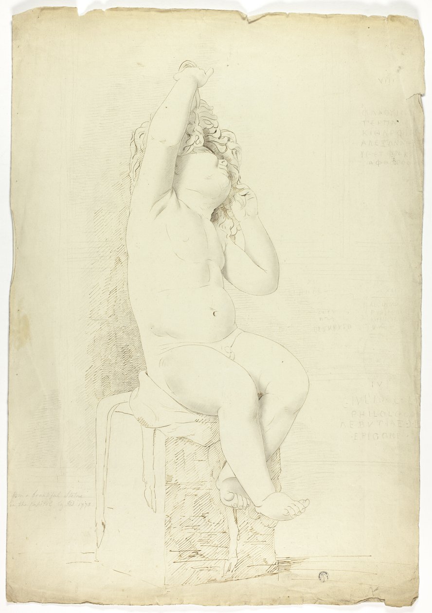 Statua antica di putto seduto che gioca con una maschera da John Downman