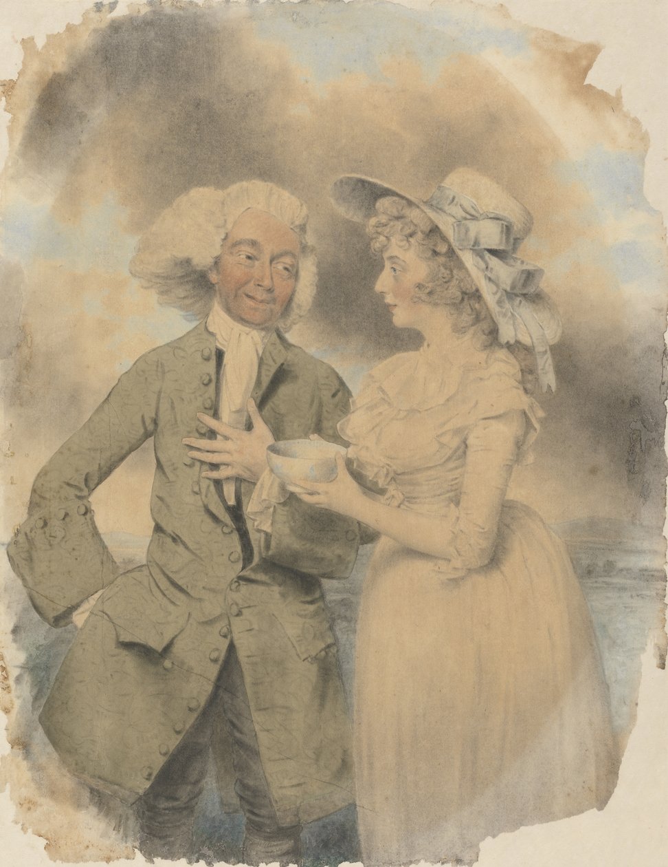 John Edwin e Mrs. Wells come Lingo e Cowslip in The Agreeable Surprise, 1787 da John Downman
