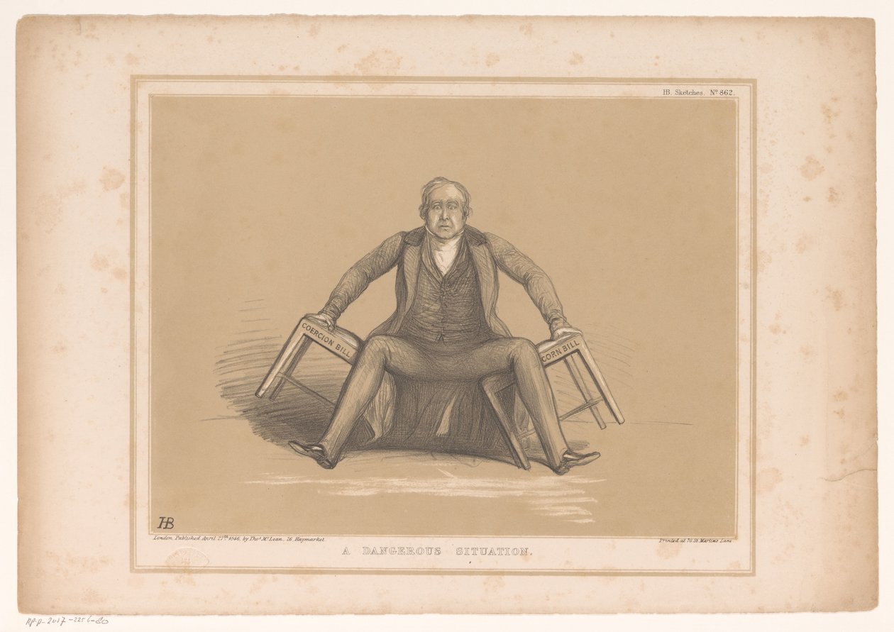 Caricatura di Robert Peel che cade tra due sedie da John Doyle