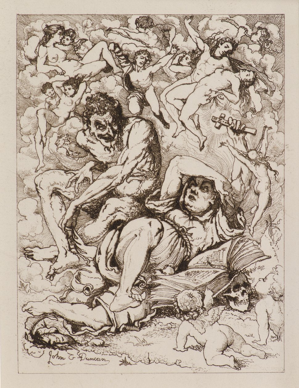 Figura reclinata che tiene una croce, il diavolo seduto vicino circondato da figure fluttuanti da John Duncan