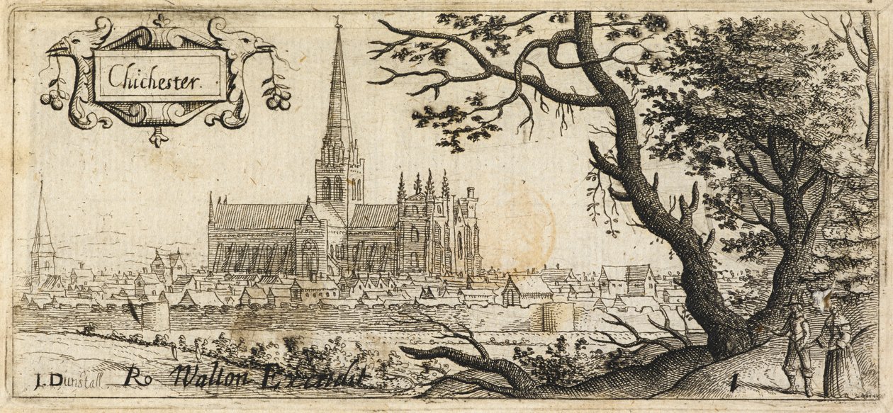 Due figure in piedi accanto a un grande albero sul lato destro in primo piano; la città di Chichester in lontananza; le mura della città che attraversano la scena; la Cattedrale di Chichester al centro dell