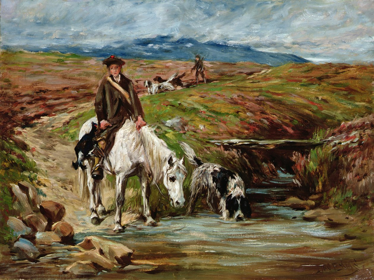 Cavallo e spaniel che bevono da un ruscello da John Emms