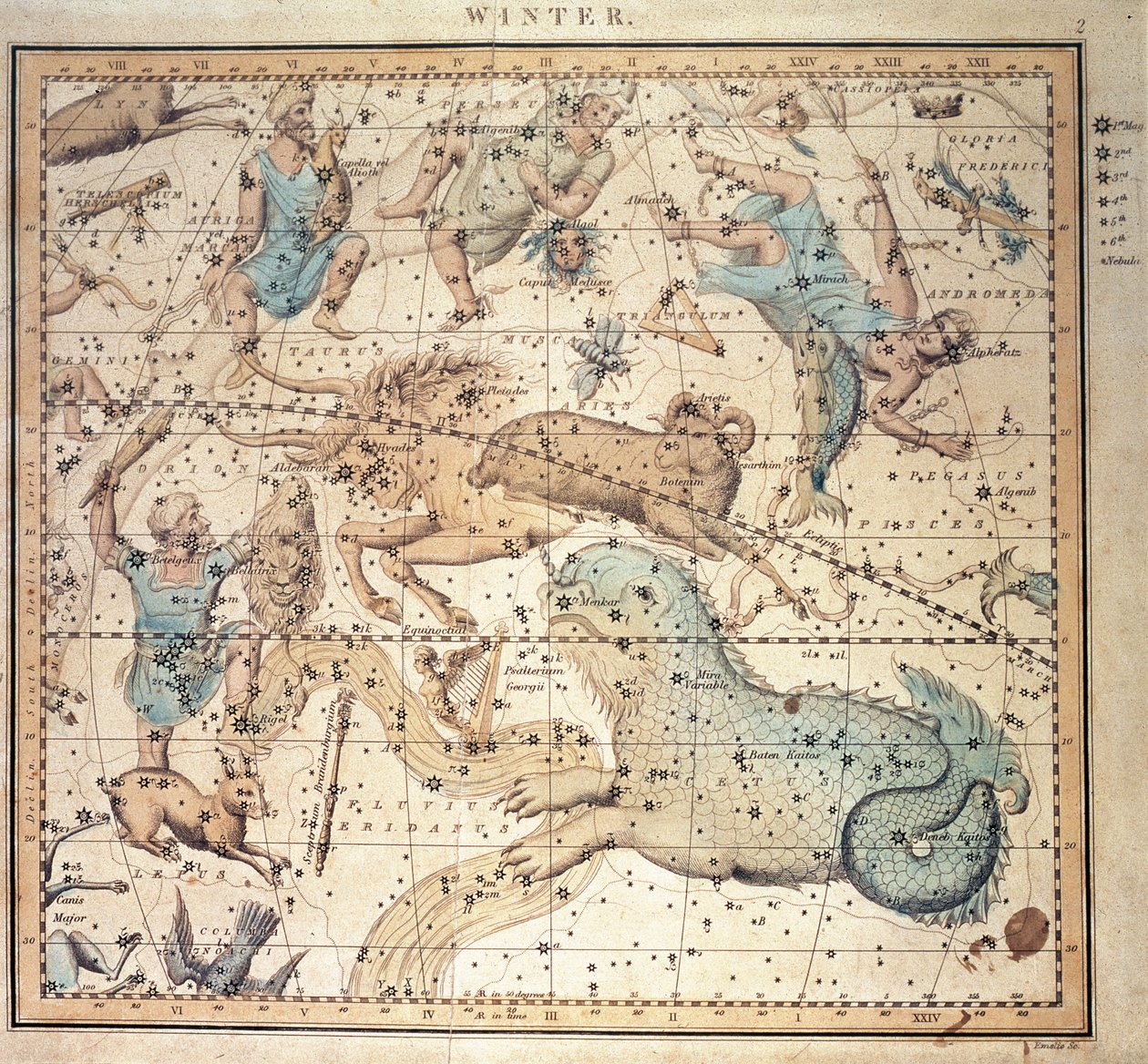 Carta celeste: Inverno, con segni dello zodiaco e posizioni delle stelle (incisione) da John Emslie