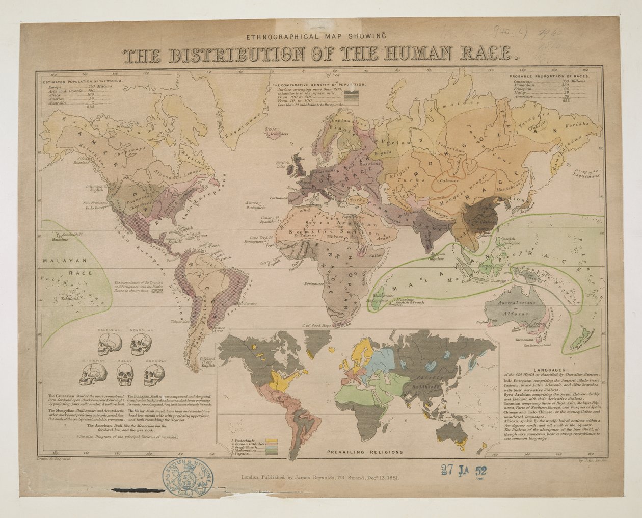 Mappa etnografica, che mostra la distribuzione della razza umana da John Emslie
