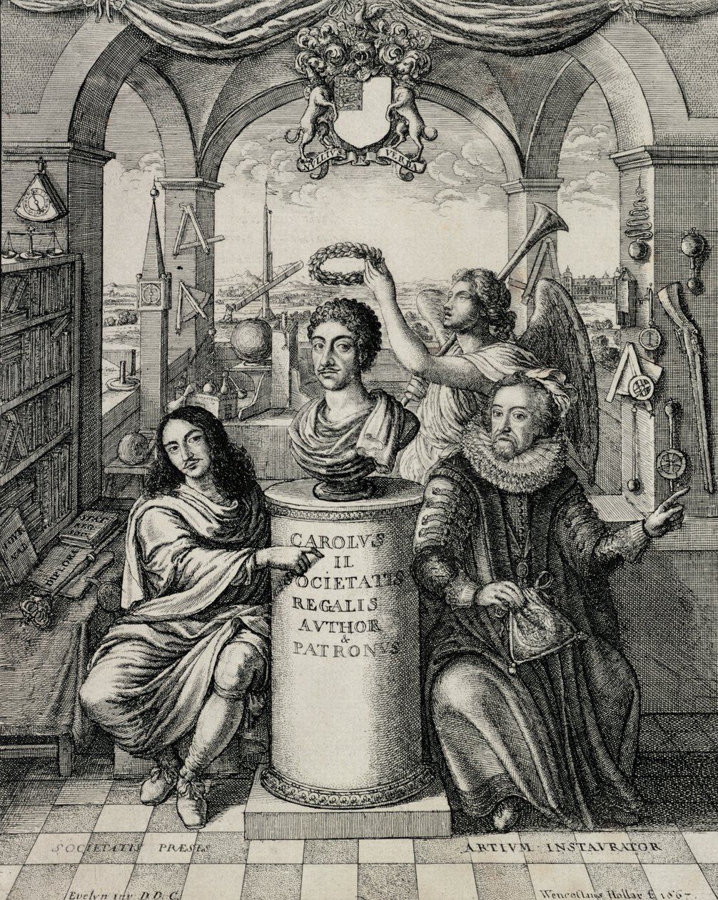 Carlo II (1630-85) come patrono della Royal Society, inciso da Wenceslaus Hollar, 1667 da John Evelyn