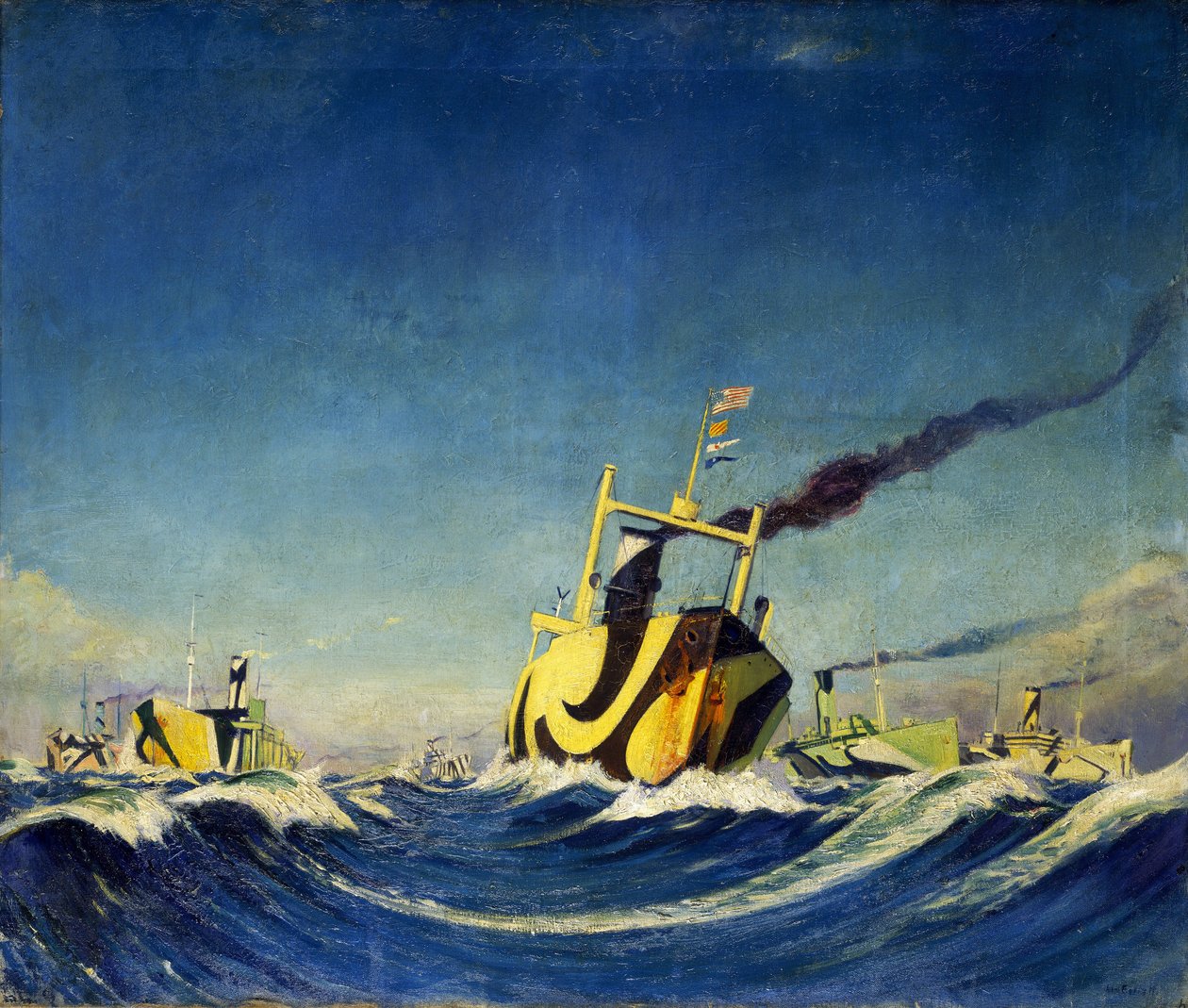 Un convoglio di navi il cui scafo è coperto da motivi usati per il camuffamento durante la Prima Guerra Mondiale da John Everett