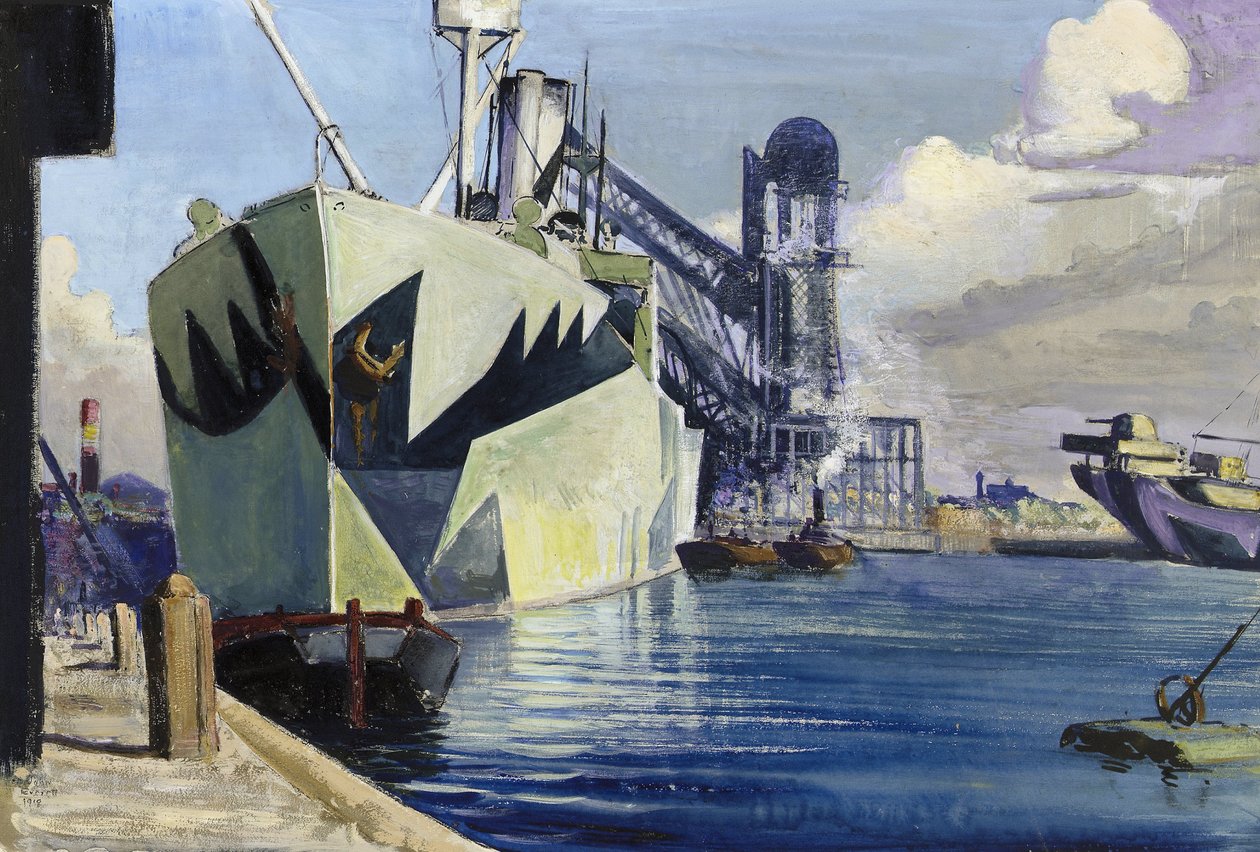 Molo Canada a Liverpool, con una nave da guerra ancorata, dipinta con camuffamento colorato. Dipinto di Herbert Barnard John Everett (1876-1949) da John Everett