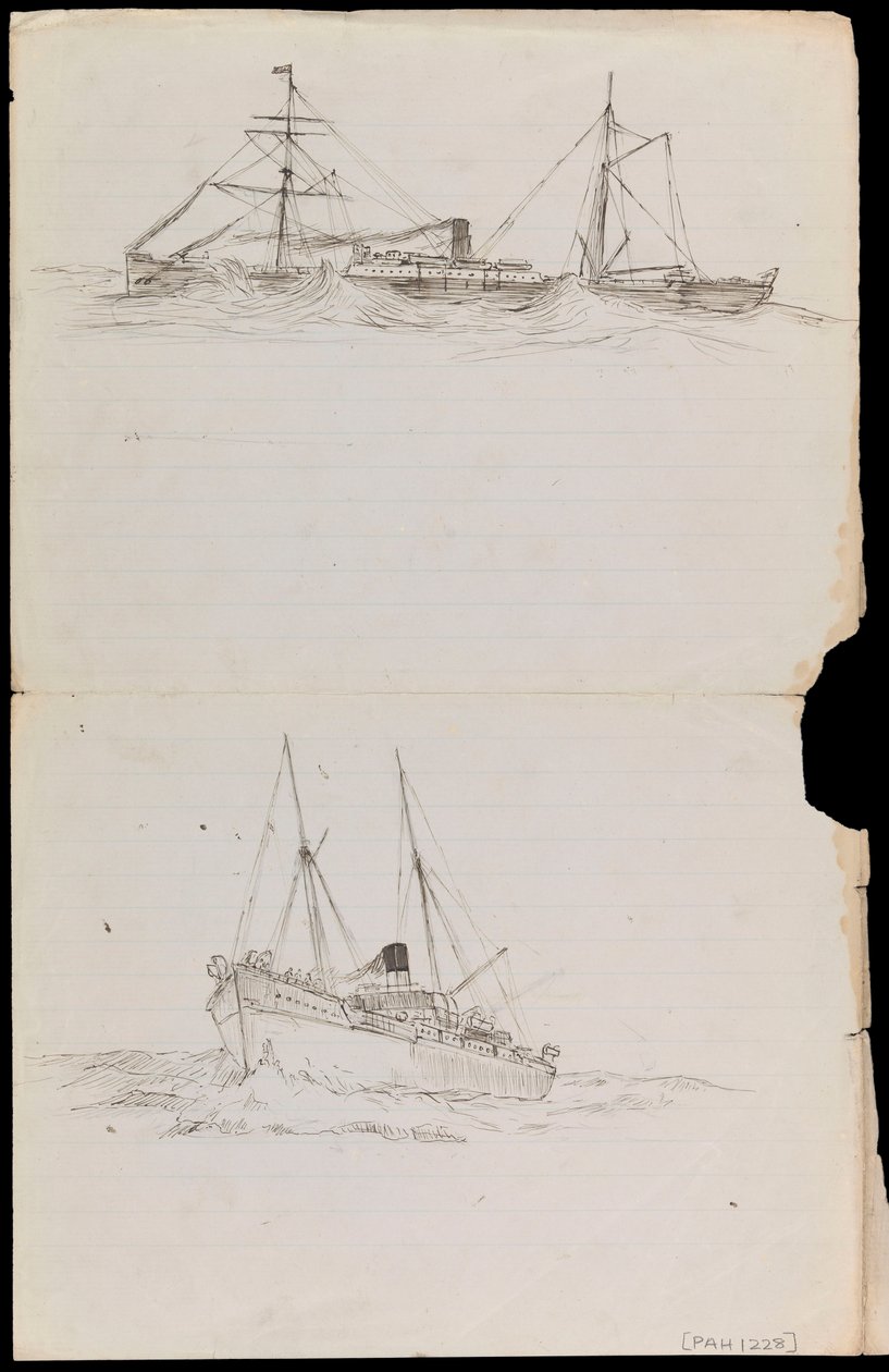 Schizzi di una nave da guerra e di altre due navi della Royal Navy da John Everett