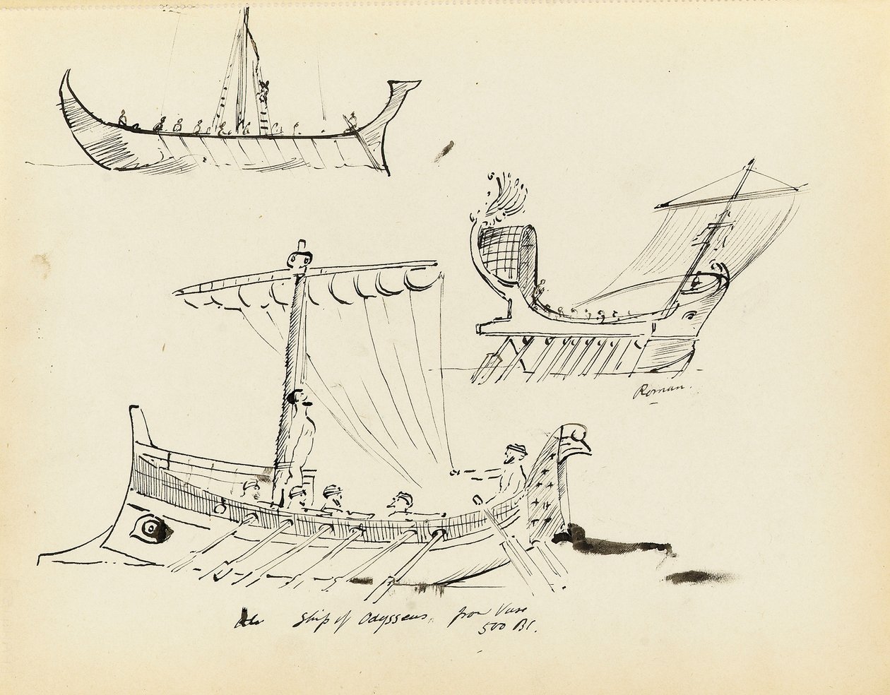 Schizzi di antiche navi tra cui una nave a vela e remi romana e la nave di Ulisse, 500 a.C. da John Everett
