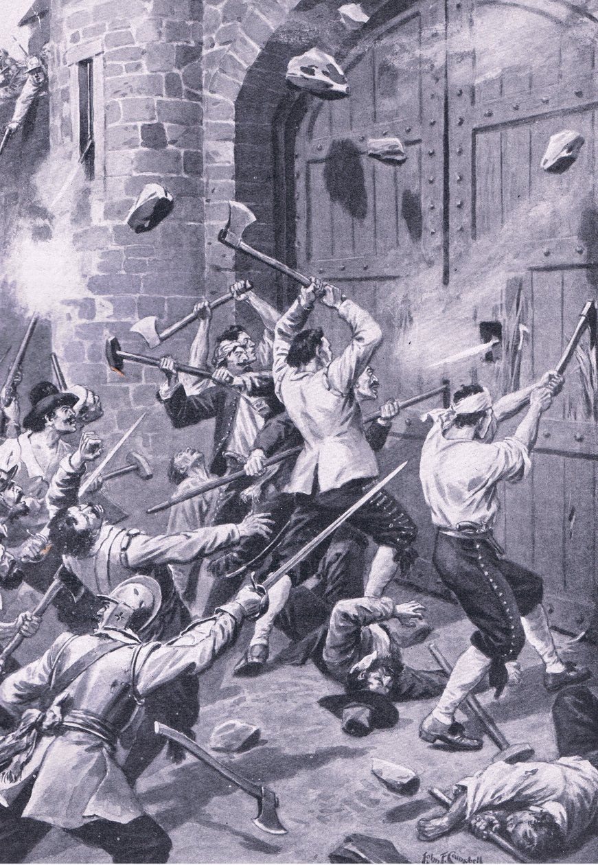Il sacco di Dundee 1 settembre 1651: marinai inglesi attaccano il Wellgate Port, illustrazione da 