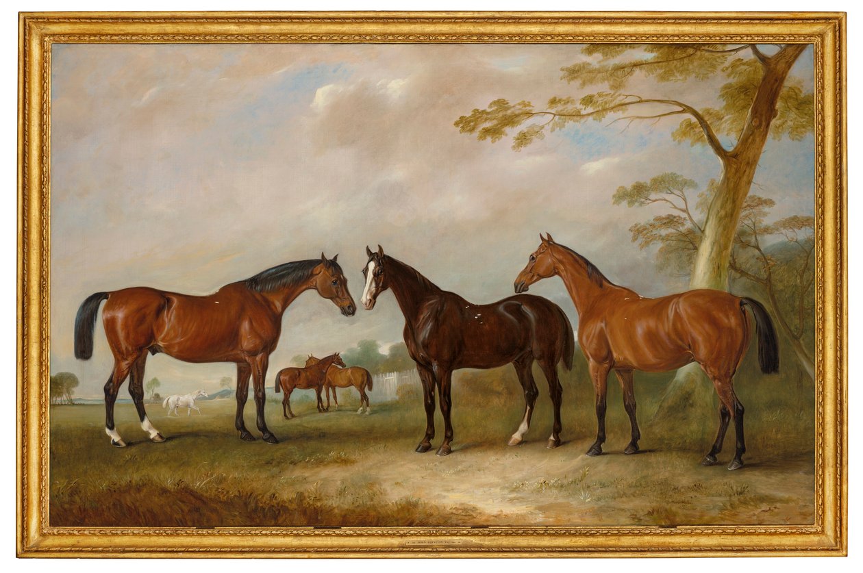 Intrepido, Conquistatore e Bay Bolton con Silkman e Darnley al di là di un paesaggio da John Ferneley