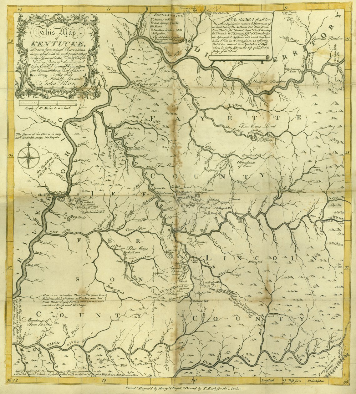 Mappa del Kentucky..., inciso da Henry D. Pursell, stampato da T. Rook, Philadelphia, 1784 da John Filson