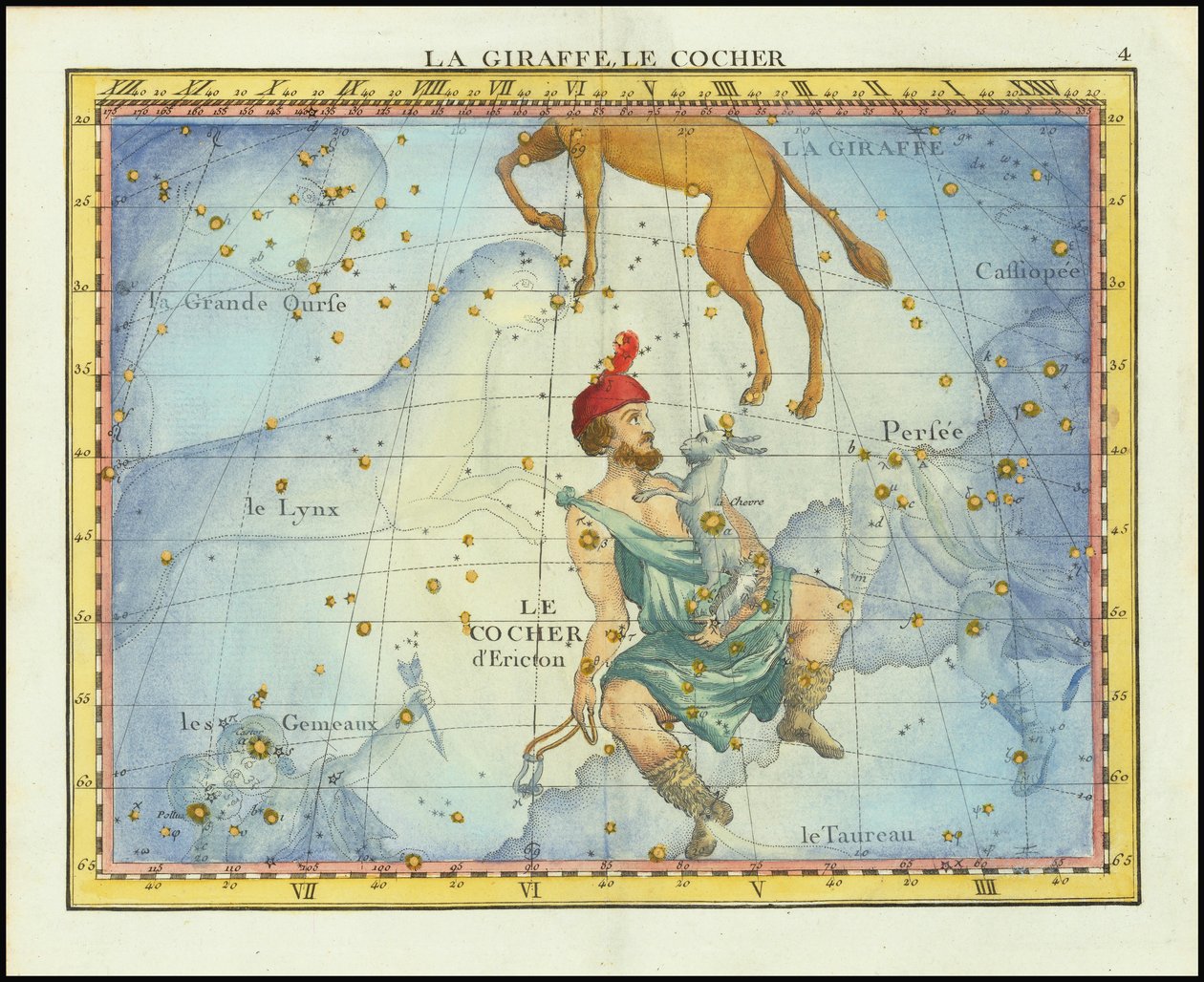 Carta stellare del 1776 delle costellazioni di Camelopardal e Auriga e delle costellazioni vicine, da Atlas Celeste de Flamsteed di Fortin da John Flamsteed