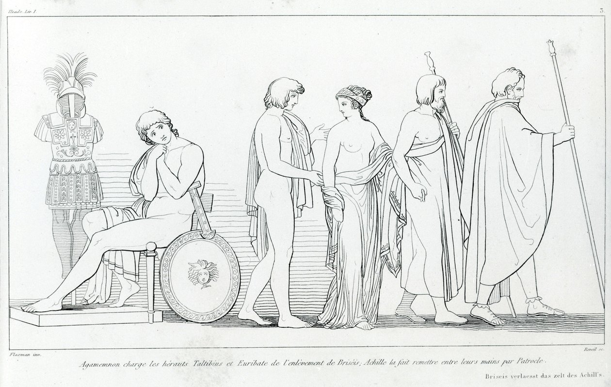 Agamennone incaricò gli araldi Taltibio ed Euribate di rapire Briseide; Achille la consegnò nelle loro mani tramite Patroclo. Disegno di John Flaxman. Iliade di Omero. Canto I da John Flaxman