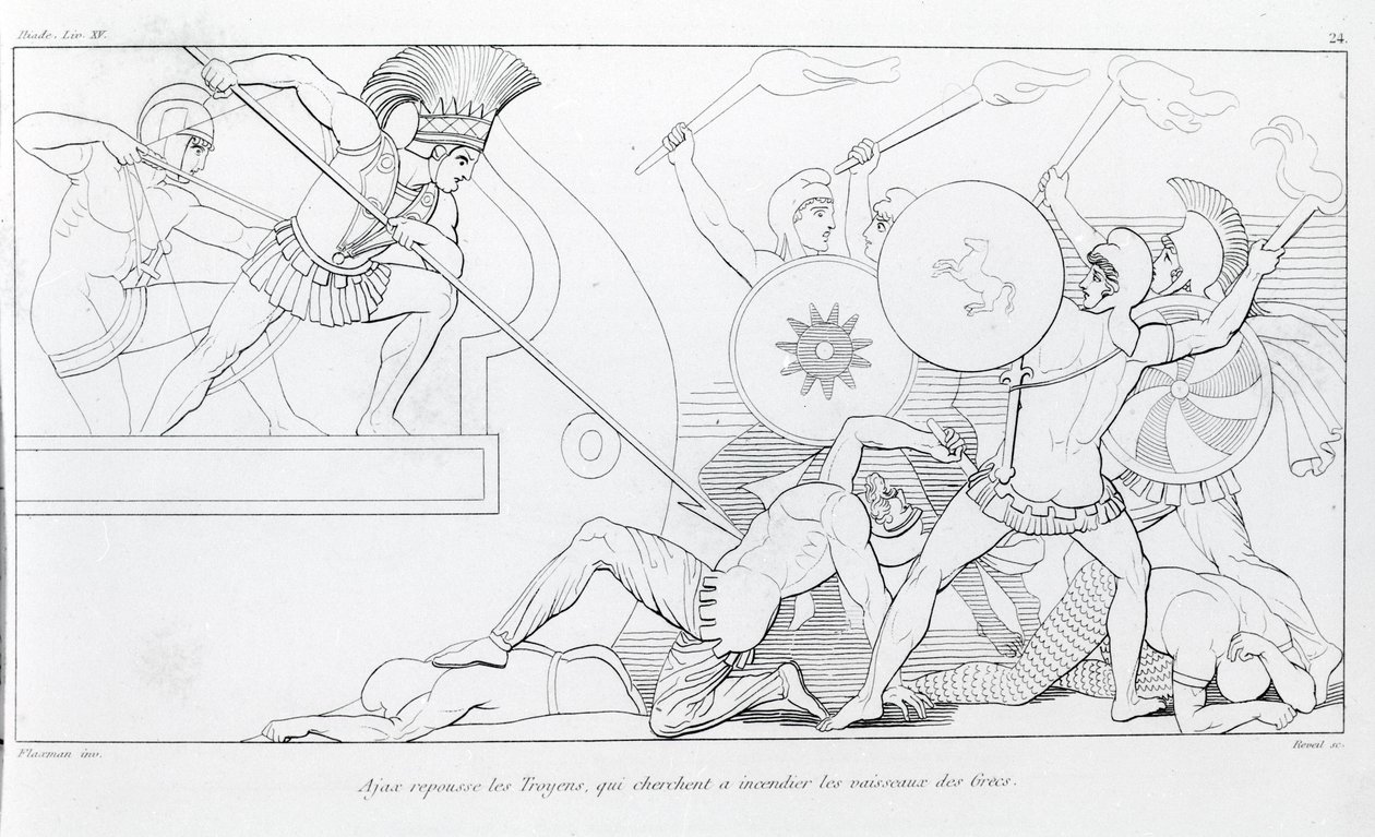 Aiace respinge i Troiani che cercano di bruciare le navi greche. Disegno di John Flaxman. Iliade di Omero. Canto XV. da John Flaxman