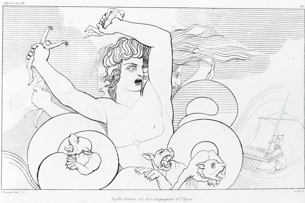 Episodio di Cariddi e Scilla: sei compagni di Ulisse vengono divorati. Disegno di John Flaxman (1755 - 1826). Odissea di Omero. Canto XII da John Flaxman