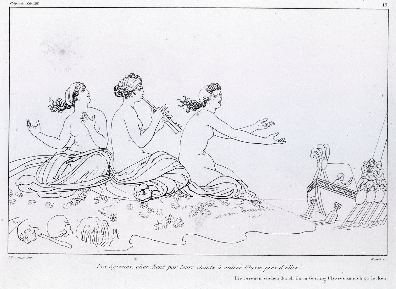 Le sirene cercano con il loro canto di attirare Ulisse. Disegno di John Flaxman (1755 - 1826). Odissea di Omero. Canto XII da John Flaxman