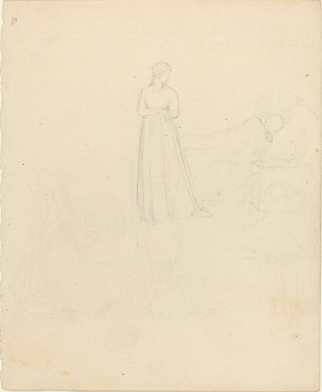 Figura femminile in piedi che guarda figure reclinate e sedute da John Flaxman