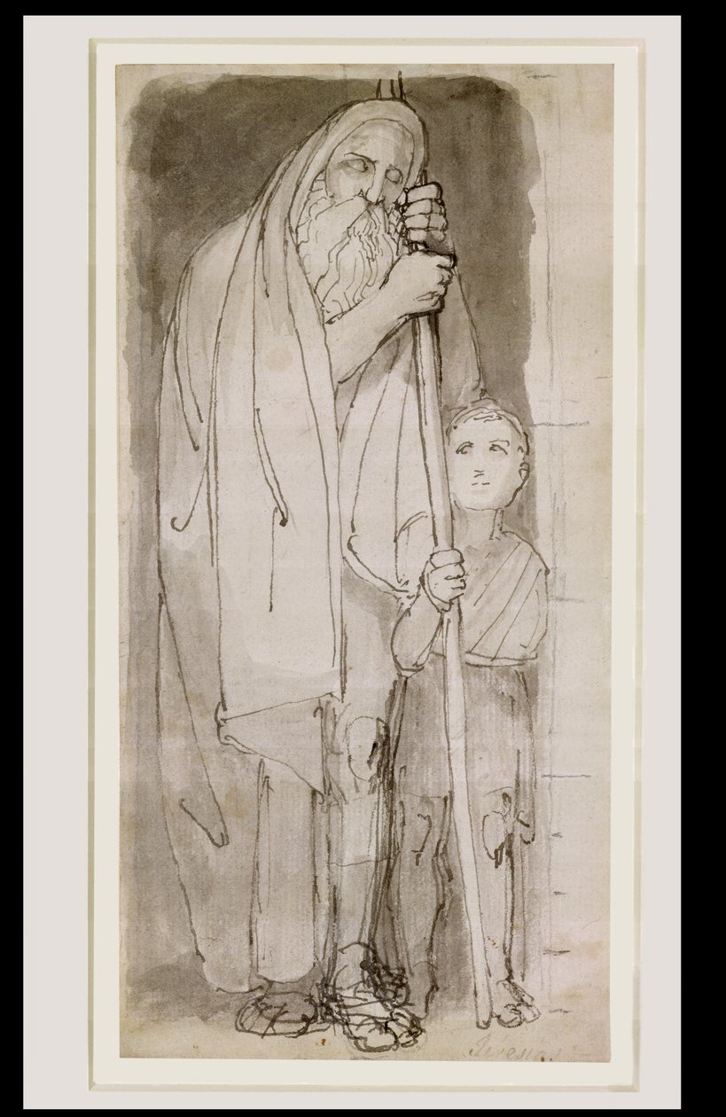 Il cieco Tiresia e un ragazzo (penna e inchiostro e lavaggio a matita su carta) da John Flaxman