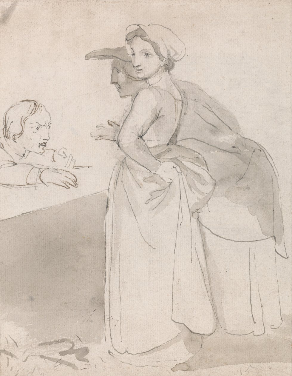 Due donne che parlano con un uomo al bancone da John Flaxman