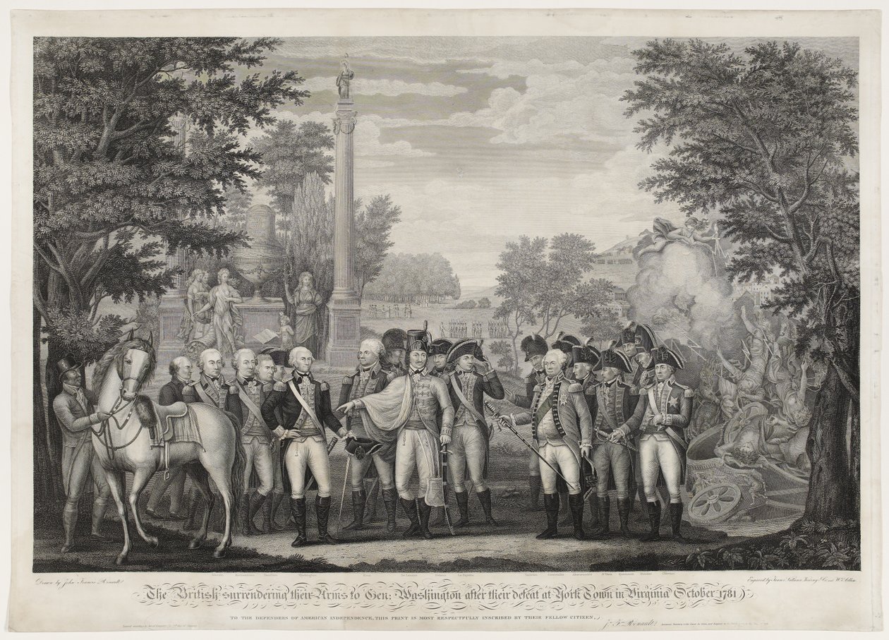 La resa delle armi britanniche al Gen. Washington dopo la loro sconfitta a York Town in Virginia, ottobre 1781 da John Francis (after) Renault